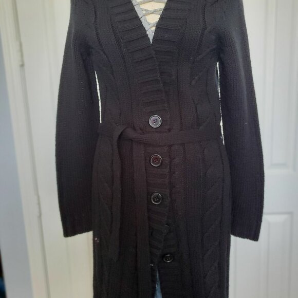 New York & Co - Cable Long Sleeve Tie Waist Cardigan Seater Coat Black - Picture 2 of 7